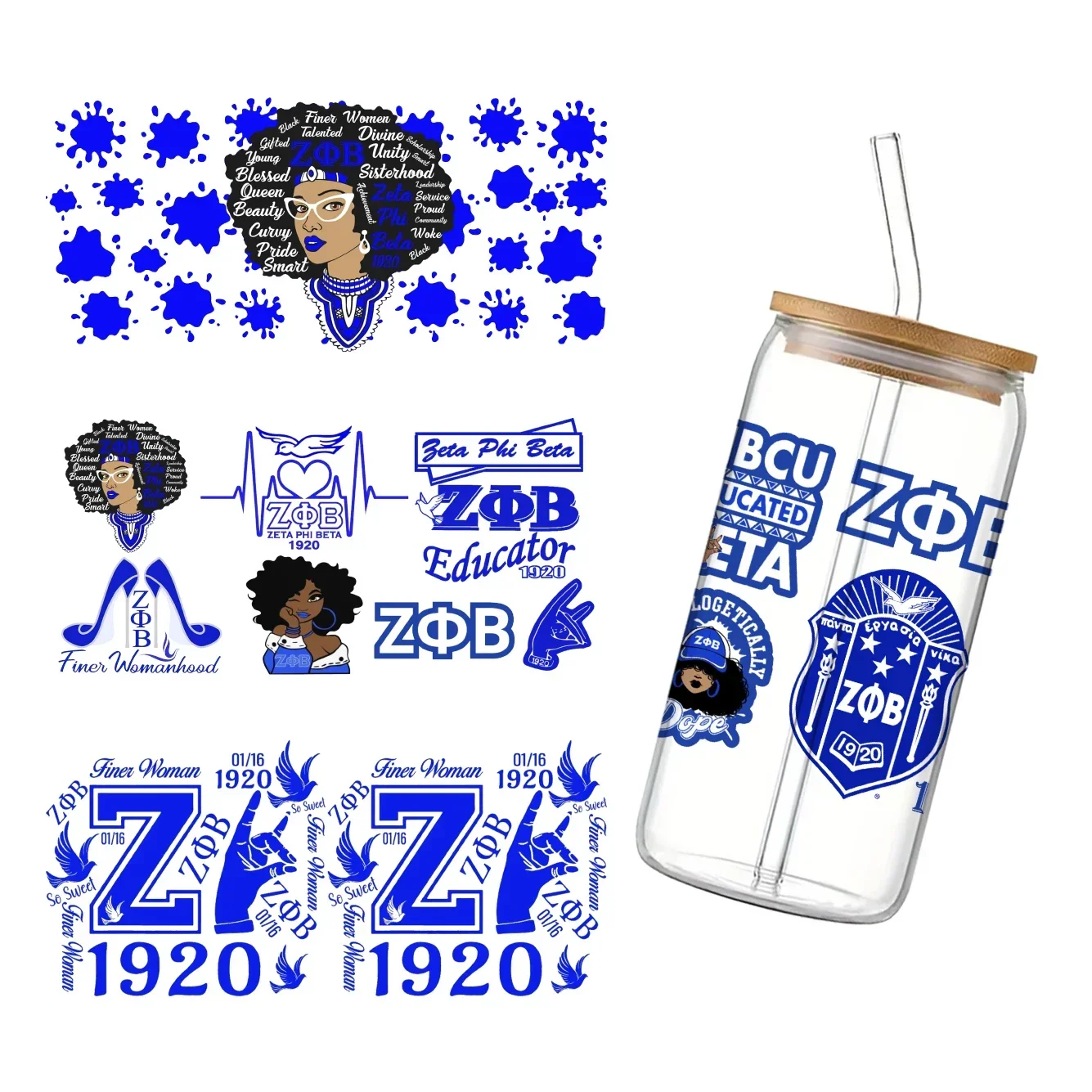 Zeta Phi Beta Sorority ZFB Prinred UV DTF Printed Wrap Sticker for Cup Glass Can Waterproof 16oz 11x24cm,craft vinyl sticker