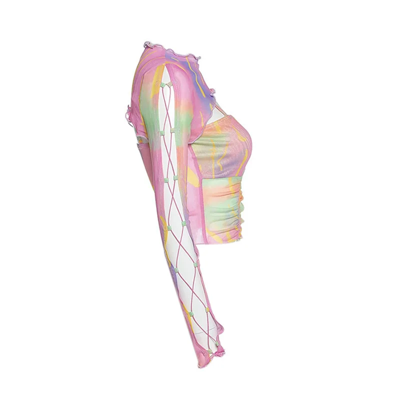 Shrug Top with Cami y2k Clothes Women Tie Dye Print Ruffle Long Sleeve Cover Up and Sleeveless Vest 2000s Clothing