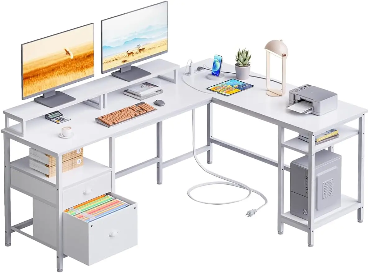 

Furologee White 66” L Shaped Desk with Power Outlet, Reversible Computer Desk with File Drawer & 2 Monitor Stands, Home Office D