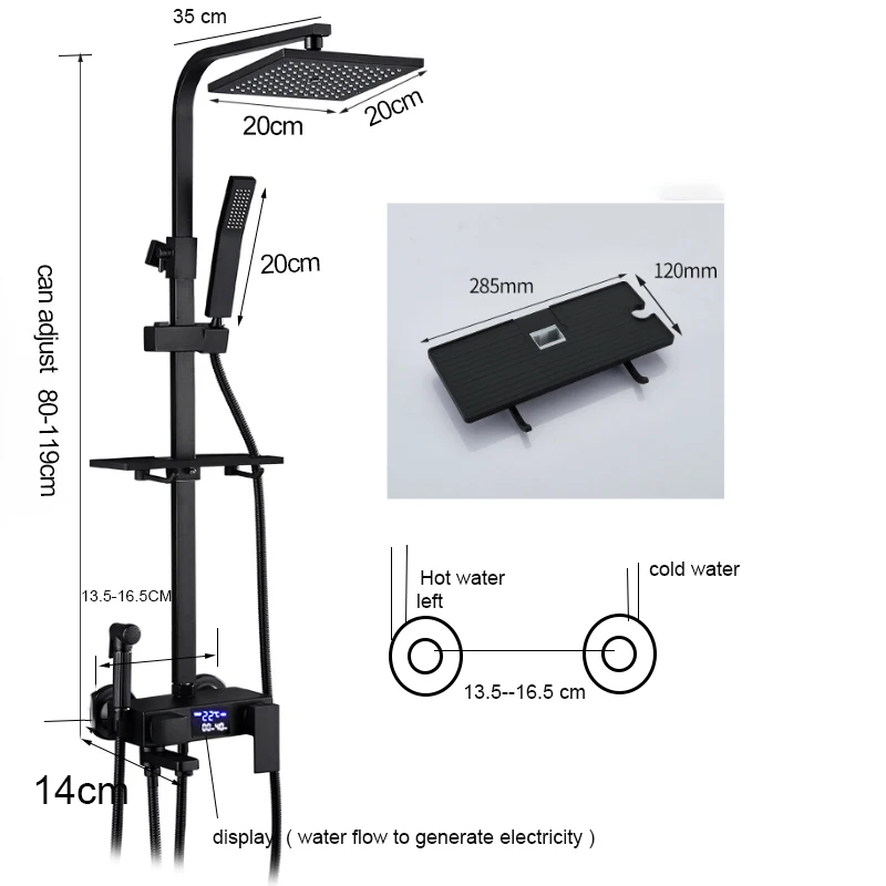 Black Display Thermostatic Shower Faucet Set Brass Multi-Function Can Extend Bathroom Bathtub Tap