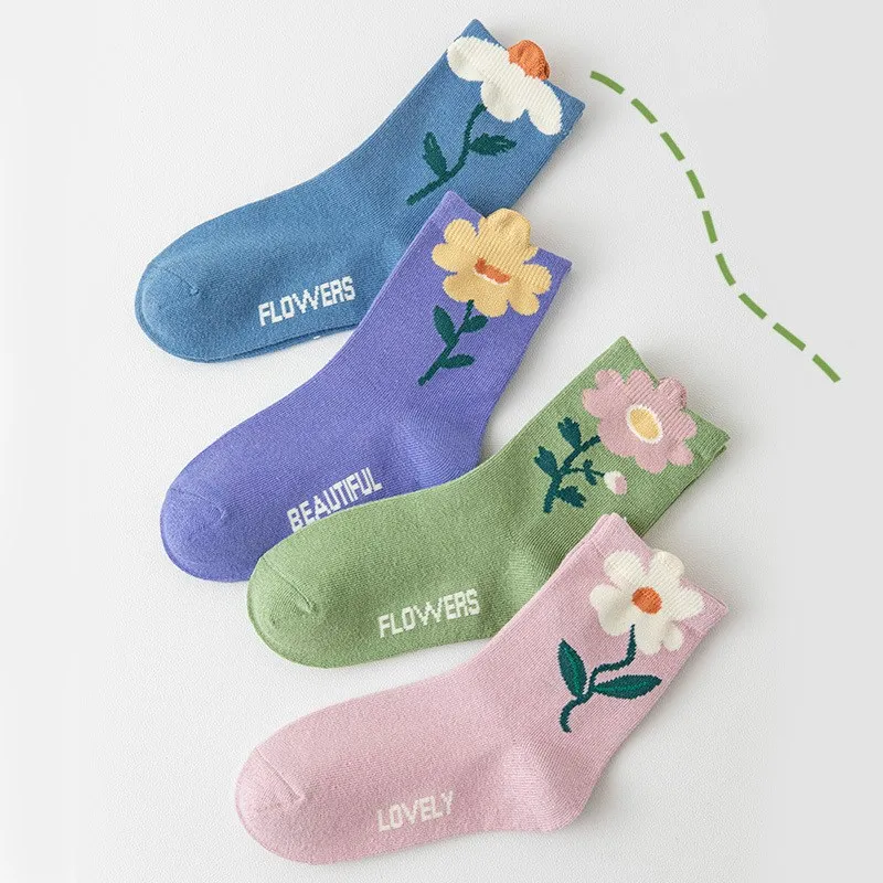 Kids Socks 4 Pairs/Lot Spring Summer Cotton Girls Socks Cute Flowers Pattern for Children Baby Little Girl Clothing Accessories