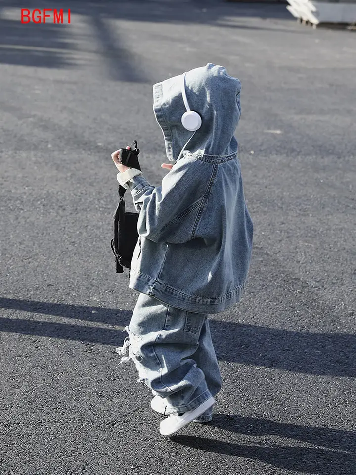 Ensemble 3 Pièces - Sweat à Capuche Renard Bleu, Pantalon Gris & Body