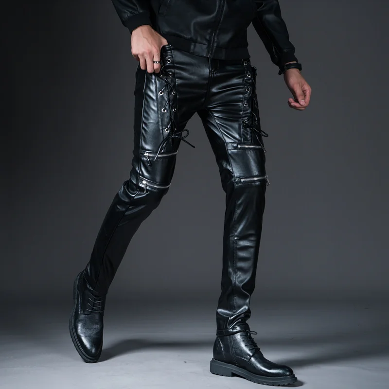 

New Winter Spring Mens Skinny Biker Leather Pants Fashion Faux Leather Motorcycle Trousers For Male Trouser Stage Club Wear