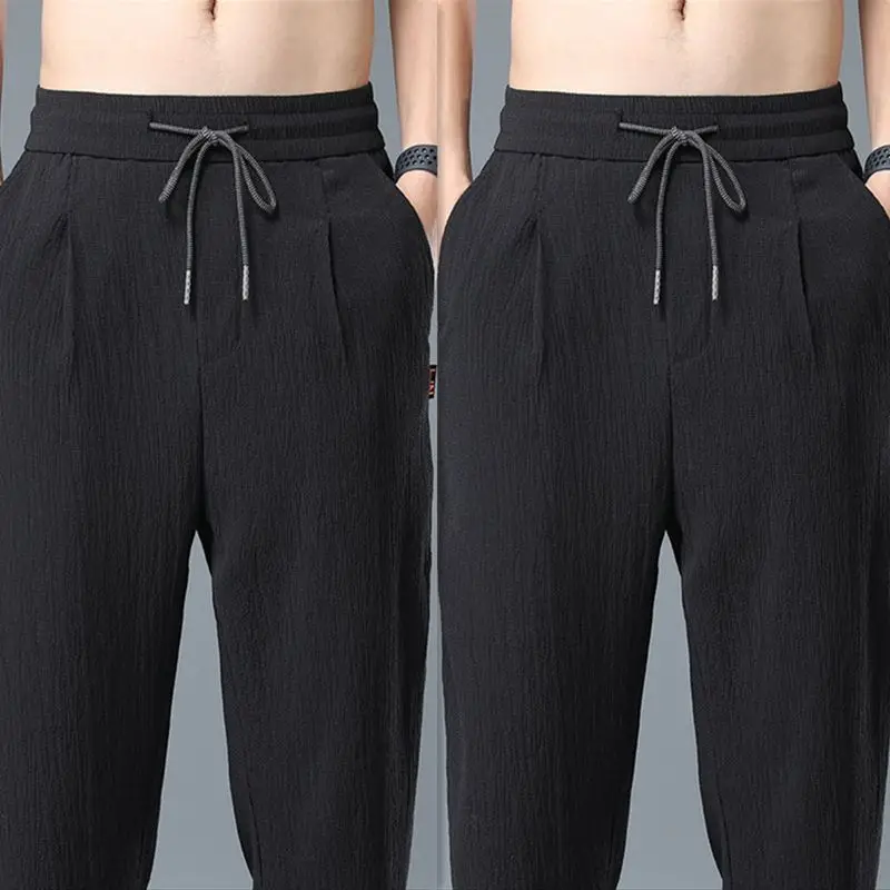 Male Motion Trousers Ice Shreds Nine Points Flax Ultrathin Breathable Loose Fitting Straight Cylinder Cotton  Linen Quick Drying