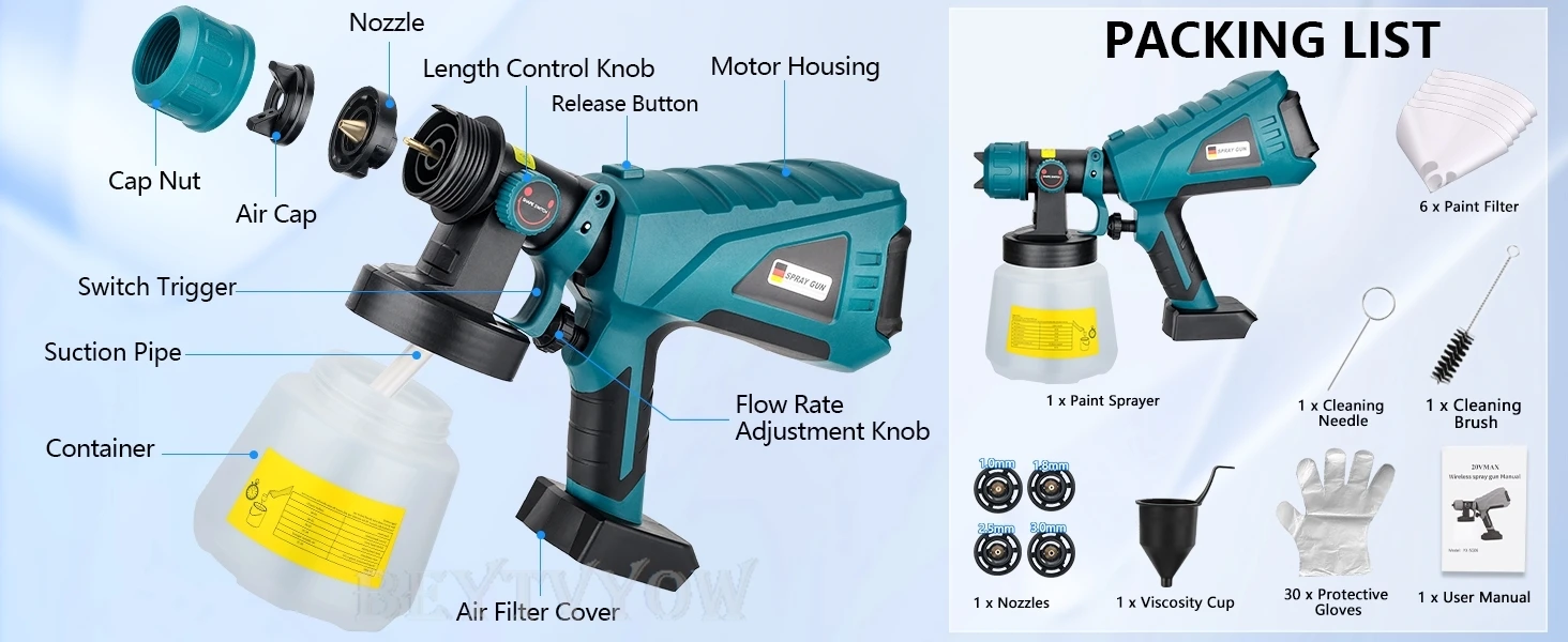 Cordless Paint Sprayer Compatible with Makita 18V Battery 1000ml HVLP Spray Pain