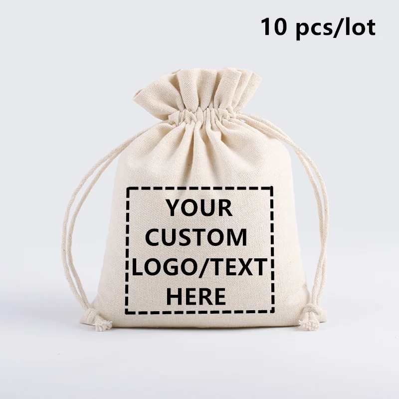 10 Pcs/Lot LOGO Printing Linen Drawstring Bags for Christmas Party Wedding High Quality Custom Cotton Pouches Personalize Sacks