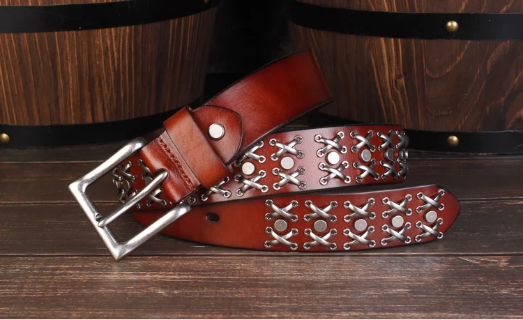 3.8CM High Quality Genuine Leather Rivet Belts for Men Brand Strap Male Pin Buckle Fancy Vintage Cowboy Jeans Belt Cool Punk