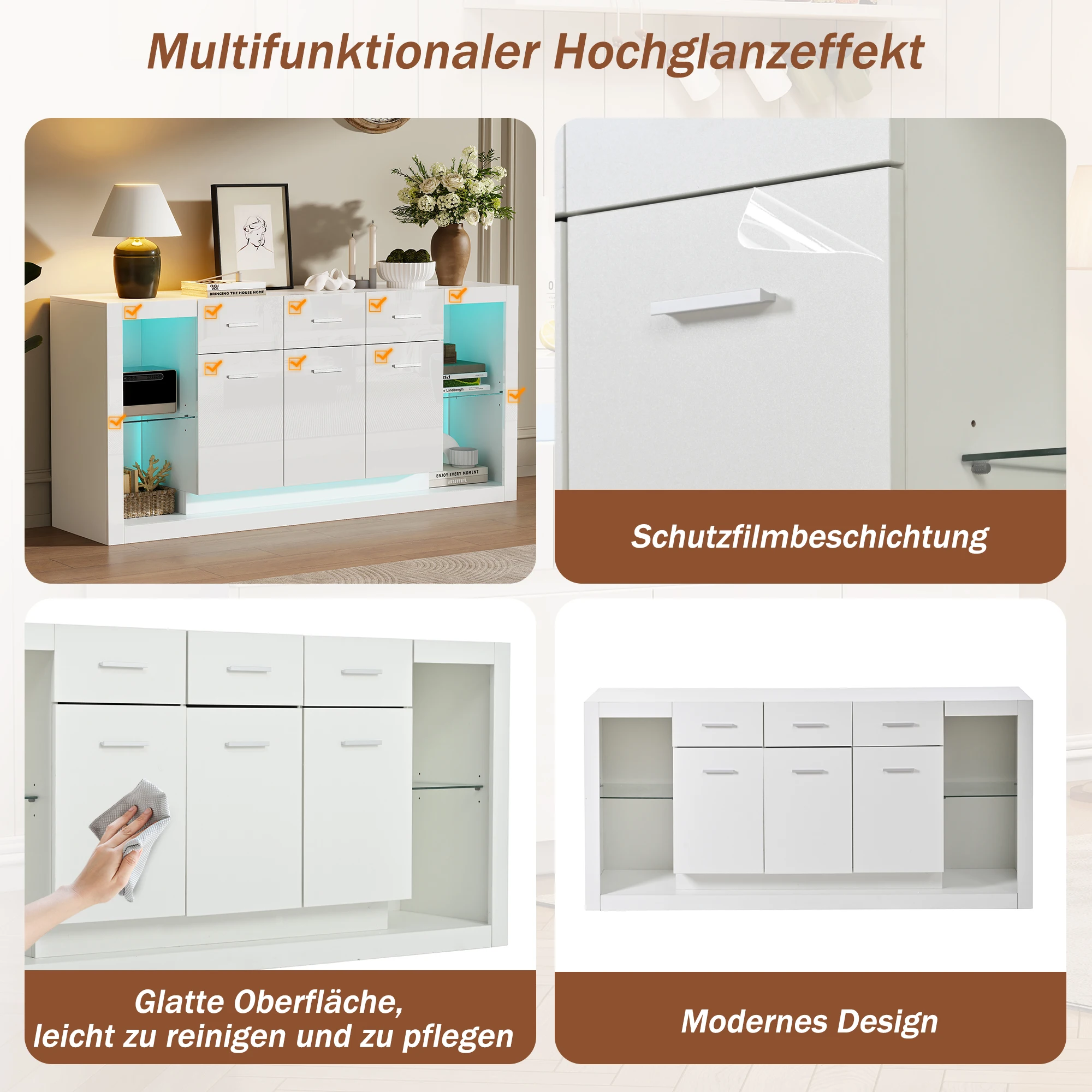 Weißer Hochglanz-Beistellschrank (160x40x75 cm) mit LED-Licht, 3 Schubladen & 14 Fächern – Detail 3