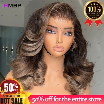 Parrucca in pizzo senza colla con capelli umani, pronta da indossare, con mèches, ricci voluminosi, colore P4/613, parrucca frontale in pizzo HD 13x4