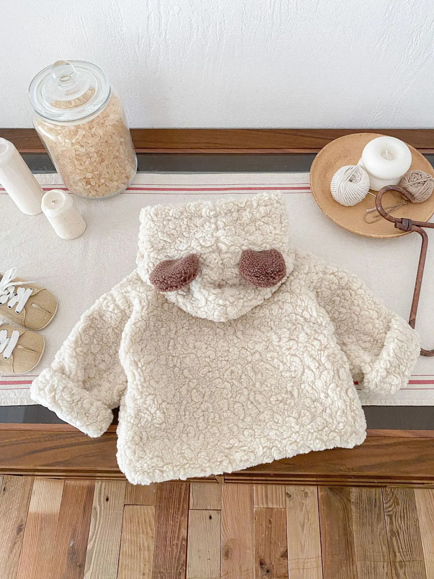 Winter New Baby Long Sleeve Plush Coat Plus Velvet Thick Infant Girls Bear Ears Hooded Cardigan Boys Cute Warm Jacket