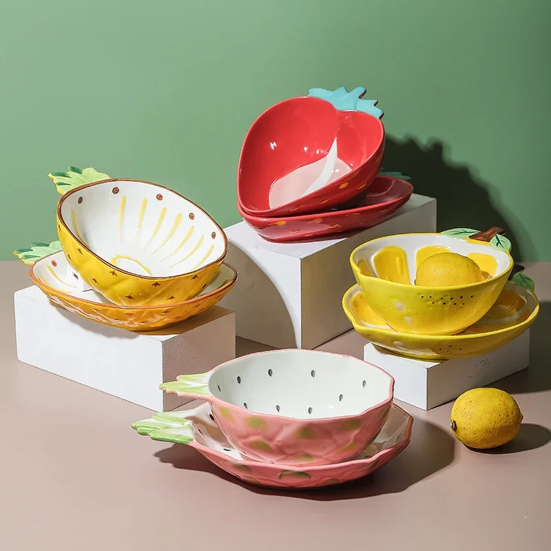 Fruit Kids Dinner Plate Home Cartoon Cute Ceramic Grid Dinner Plate Special-shaped Fruit Porcelain Bowl Kitchen Dishes Tableware