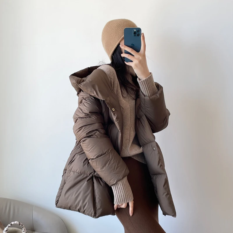 Winter Hooded Women Belt puffer jackets Thick warm Luxury Fluffy 90% white duck down coat 2023 New Female Outwear INKEO 2O371