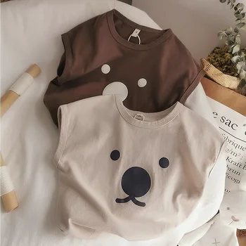 T-shirt estiva senza maniche con orso cartone animato in cotone organico per neonati e bambini piccoli, ragazze, unisex 1