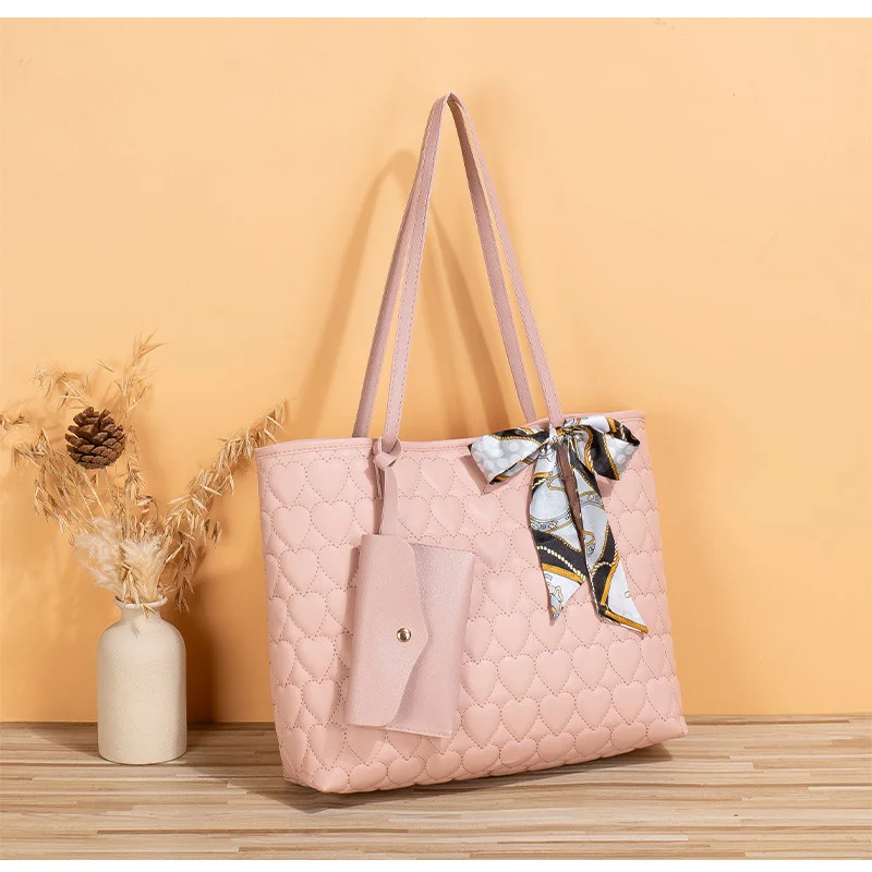 Silk scarf tote bag 2025 new fashion trend love embroidery solid color large capacity mother and child handbag, one piece