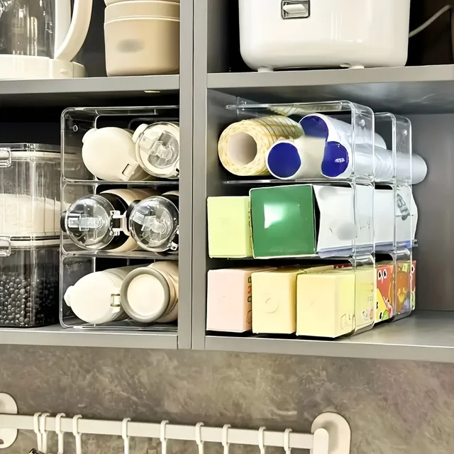 ชั้นวางพลาสติกห่ออาหาร 2/4 ชั้น, ที่จัดระเบียบลิ้นชักตู้ครัวสำหรับถุงและเครื่องเทศ ดีไซน์หลายชั้น, ชั้นวางอเนกประสงค์ 1