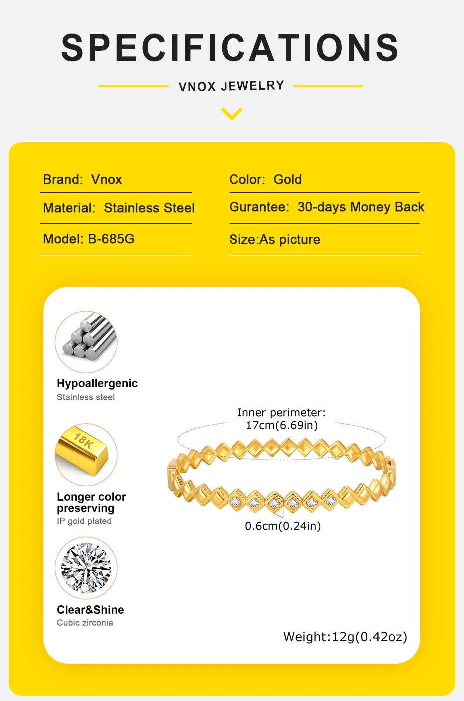 Vnox Romantische Zirkon Manschette Armband Für Frauen Geometrische Mode Dame Schmuck Edelstahl Armreifen Party Gold Farbe Nie Verblassen – Detail 8