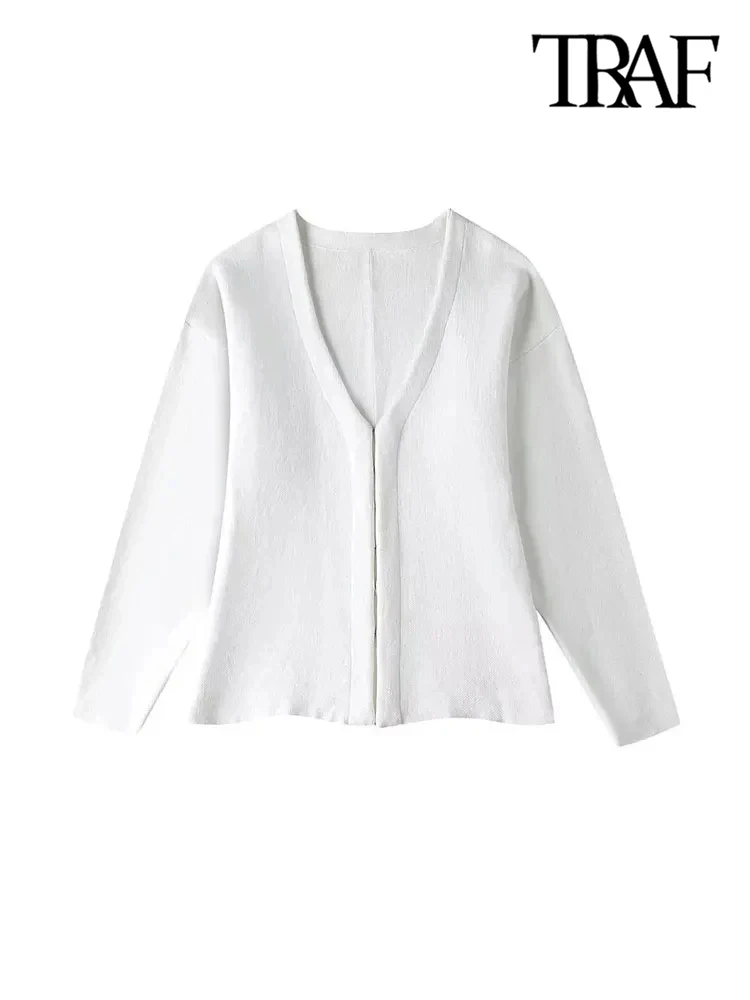 TRAF-Women's Front Hook Fitted Knit Cardigan Sweater, V Neck, Long Sleeves, Side Split Hem, Female Outerwear, Chic Tops, Fashion 2