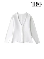 TRAF-Women's Front Hook Fitted Knit Cardigan Sweater, V Neck, Long Sleeves, Side Split Hem, Female Outerwear, Chic Tops, Fashion 2