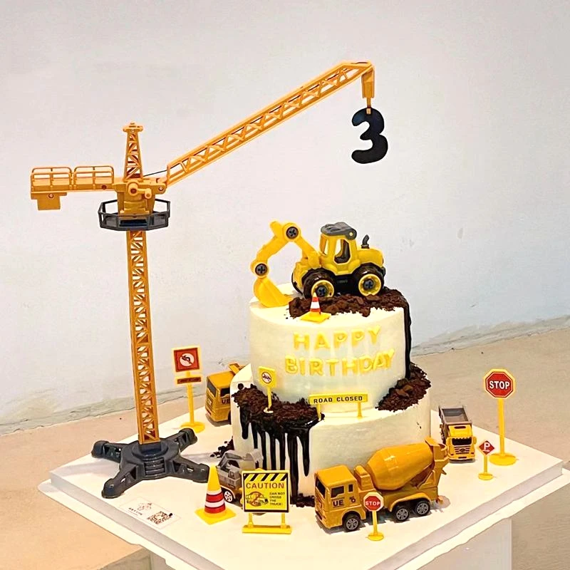 

Excavator Crane Tractor Birthday Cake Topper Construction Party Cake Decor Kids Boy 1st Baby Shower One Year Happy Birthday Cake