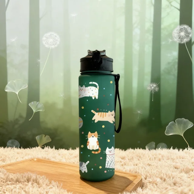 3D Printed Cute Cartoon Cat PVC-Free, Leak-Proof, Matte Finish 750ML Water Bottle,Includes Carry Loop Outdoor Activities 2