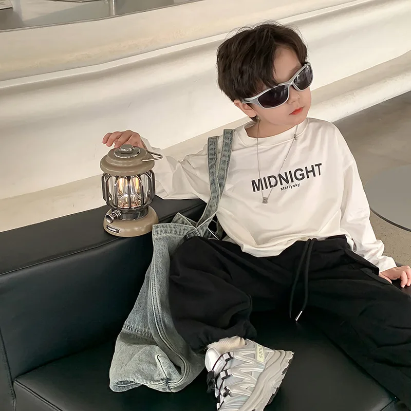 

Spring Autumn Kids long sleeve letters T shirts Boys round neck cotton Tees Girls comfortable base Tops