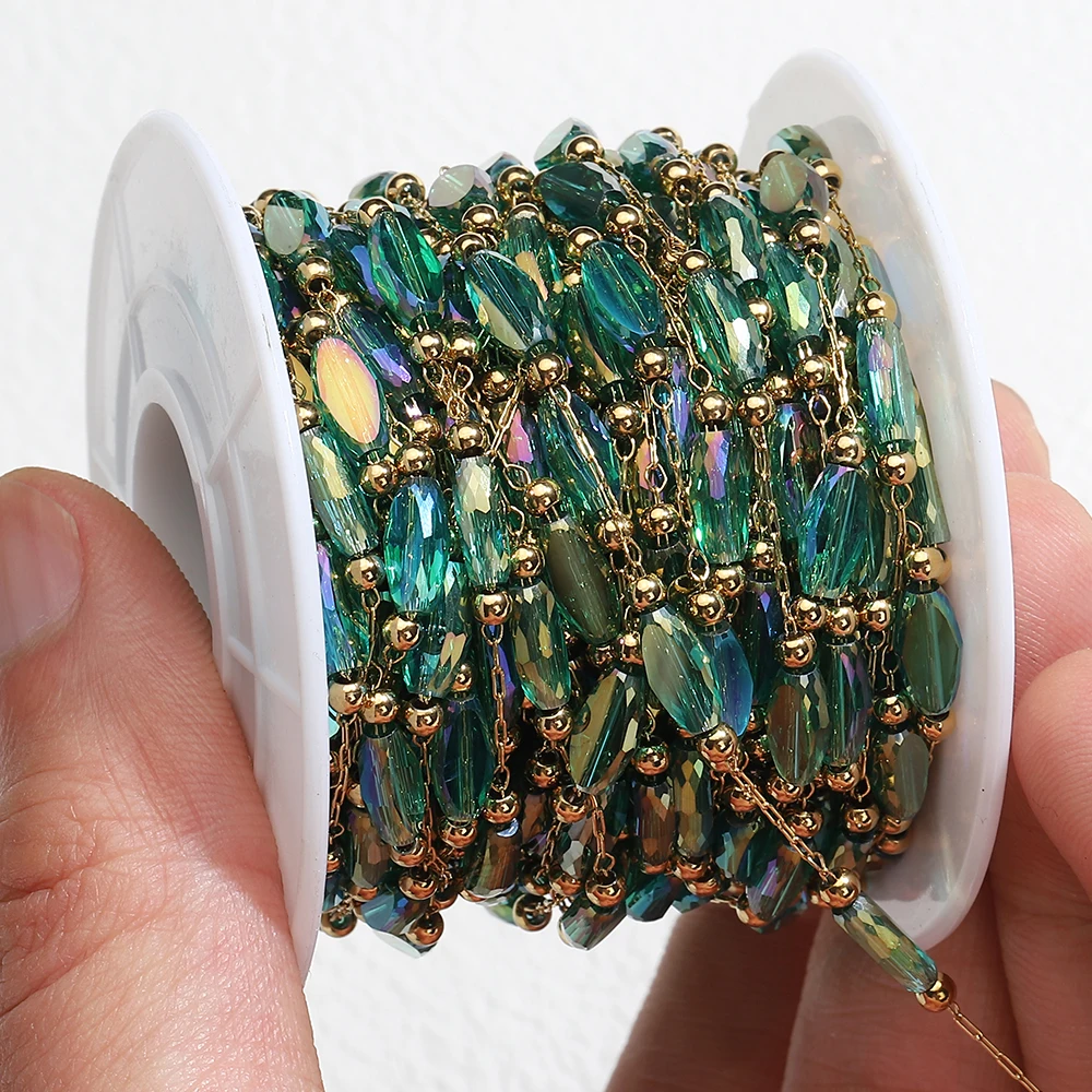 2 Meter 1 Meter grüner Naturstein Edelstahl Kristall Perlenkette für Halskette Armband Pullover Kette Schmuckherstellung DIY – Detail 9