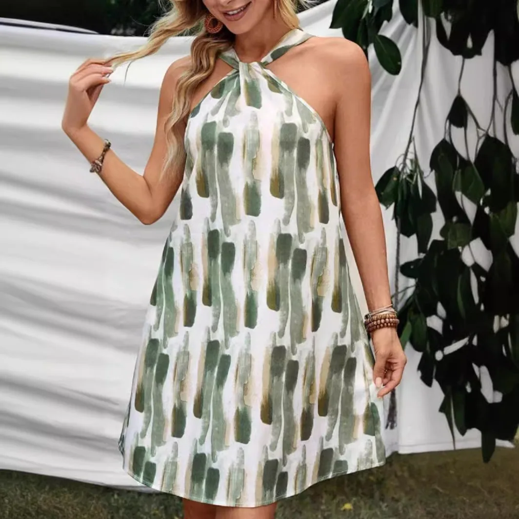 

Women'S Printed A-Line Sexy Backless Sling Straps Sleeveless Off Shoulder Halter Ruched Chic Skirt Short Dress Holiday Beach