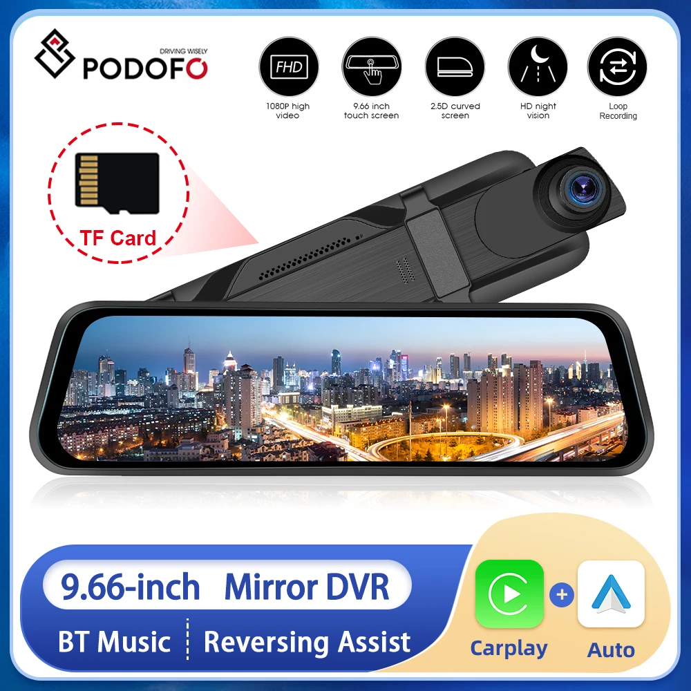 Podofo Camera Mirror Telecamera Posteriore Videoregistratore Per Auto 9.66 "Dash Camera Per Auto Specchietto Anteriore E Posteriore Dvr Black Box Wire