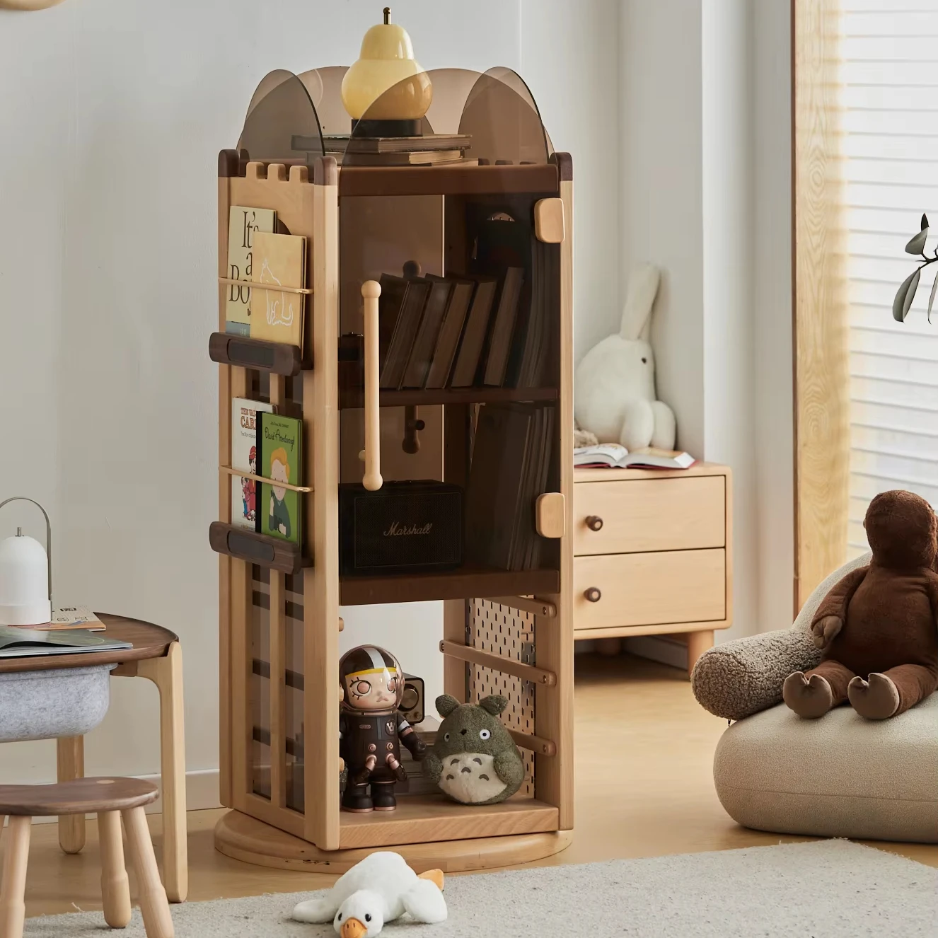 Adjustable Function Large Storage Children Wooden Bookcase Solid Wood Rotating Bookshelf for Kids