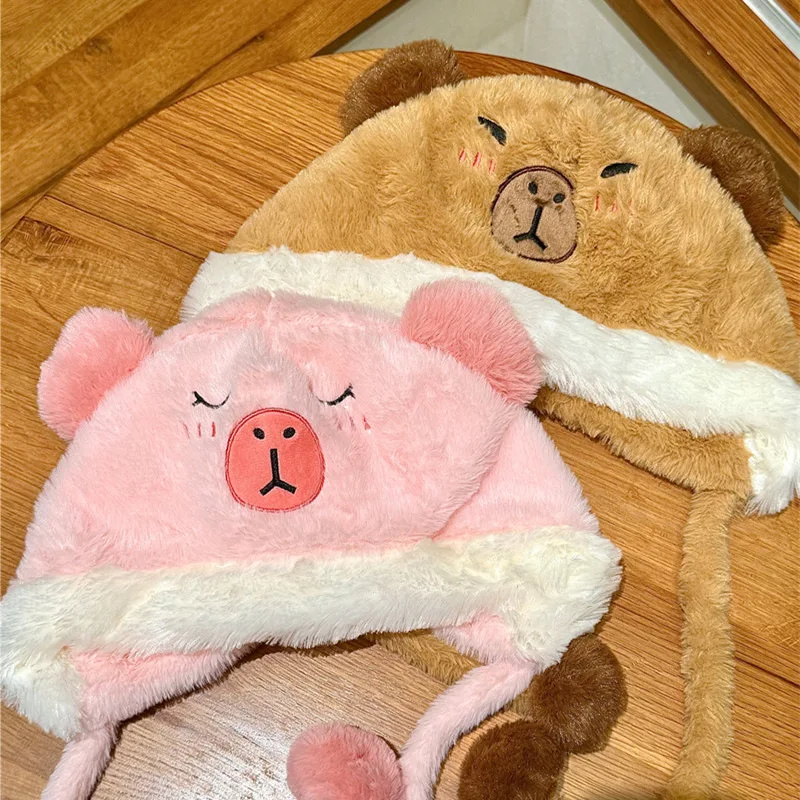 Capybara hat and pendant 2 in 1 Capibara Kawaii Plush Headgear kapibara Outdoor Funny Keychain Winter gift for Children