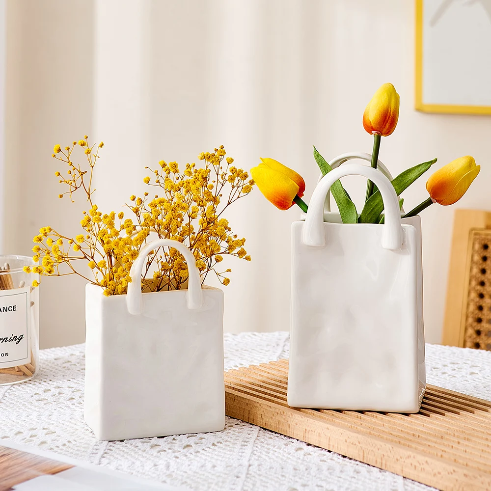Nordic Creative Shopping Basket ceramic mini Vase Bag Decoration Simple Dried Flower Arrangement Vases Table Decor mini pots Art 2