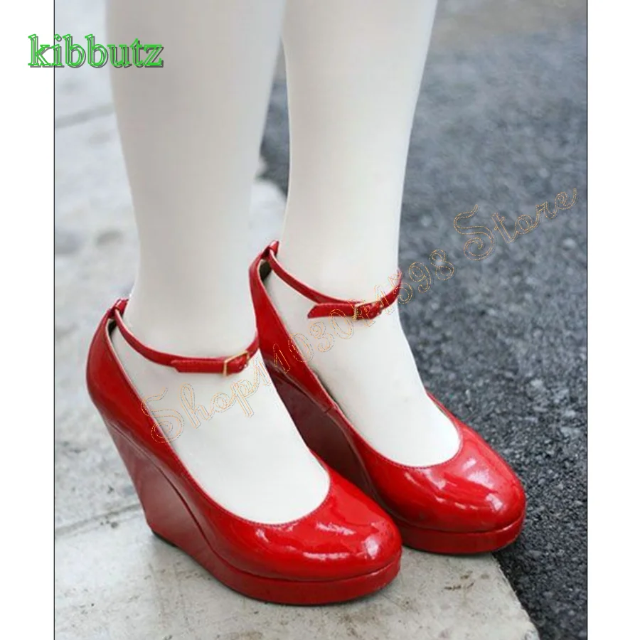 

Red Round Toe Patent Leather Pumps Thick Sole Wedge Women Shoes Classic Buckle HIgh Heels Plus Size 2024 New Zapatos Para Mujere