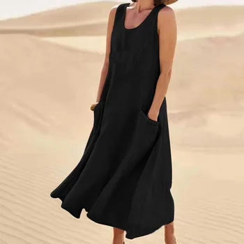 Vintage Sleeveless Tank Dress Women Elegant Round Neck Solid Cotton Linen Vestidos Summer Casual Loose Pockets Long Dresses - Image 2