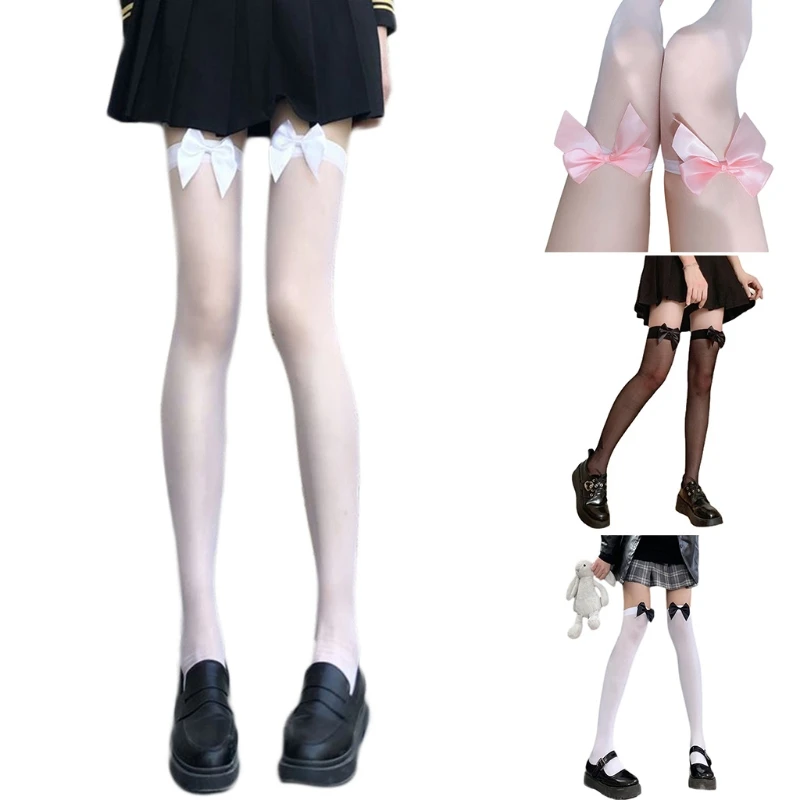 

Womens Sexy Sheer Stay Up Thigh High Stockings with Bow Accent Japanese Silky Transparent Over Knee Long Socks