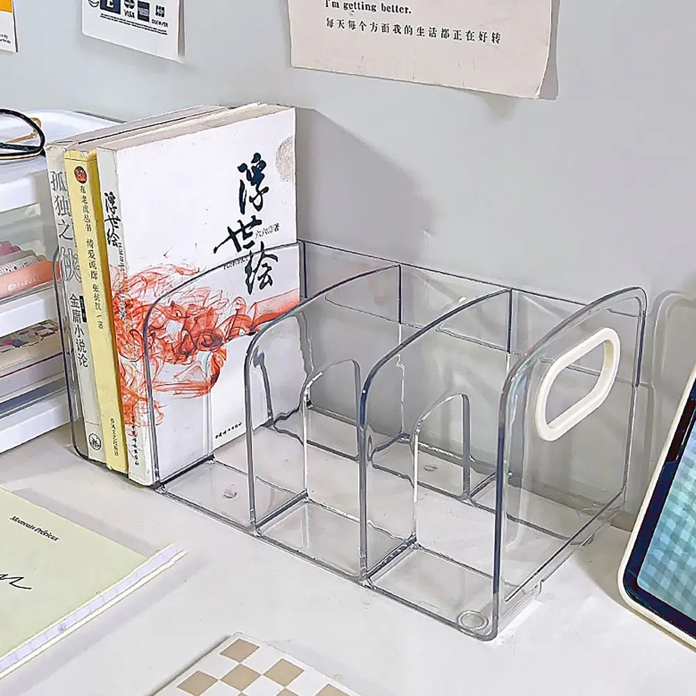 Clear Acrylic Bookends Desk Organizer Handle Desktop Sorting Rack Divided Book Stand Study Supplies
