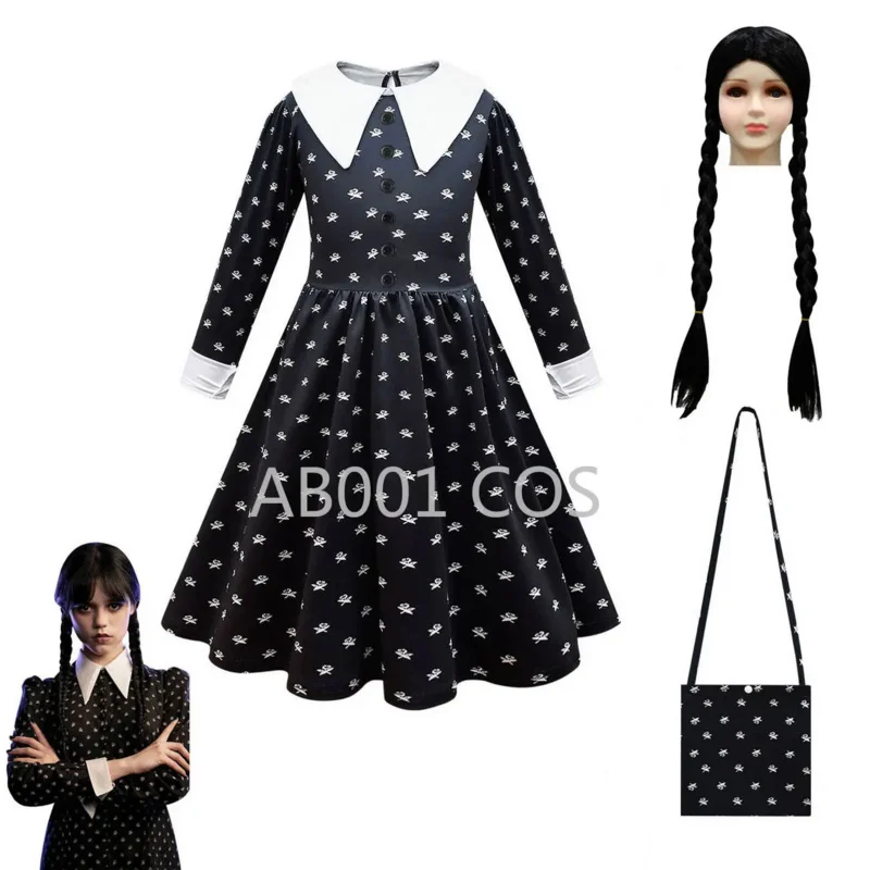 

Fashion Kids Movie Wednesday Addams Cosplay Princess Dress and Wig Bag Set Girl Halloween Costume Carnival Gothic Black Clothes