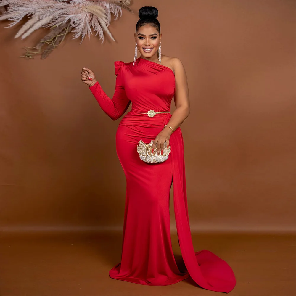 

Sexy One Shoulder High Waist Long Maxi Dress Evening Party Dress Women Elegant Long Sleeve Backless Bodycon Mermaid Dress 2023