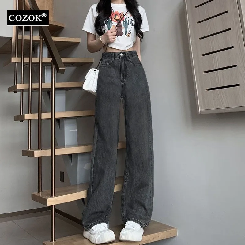 

Cozok Traf Women's Jeans 2024 Spring High Waisted Wide Legs Plus Velvet Korean Style Vintage Loose Casual Straight Y2K Pants