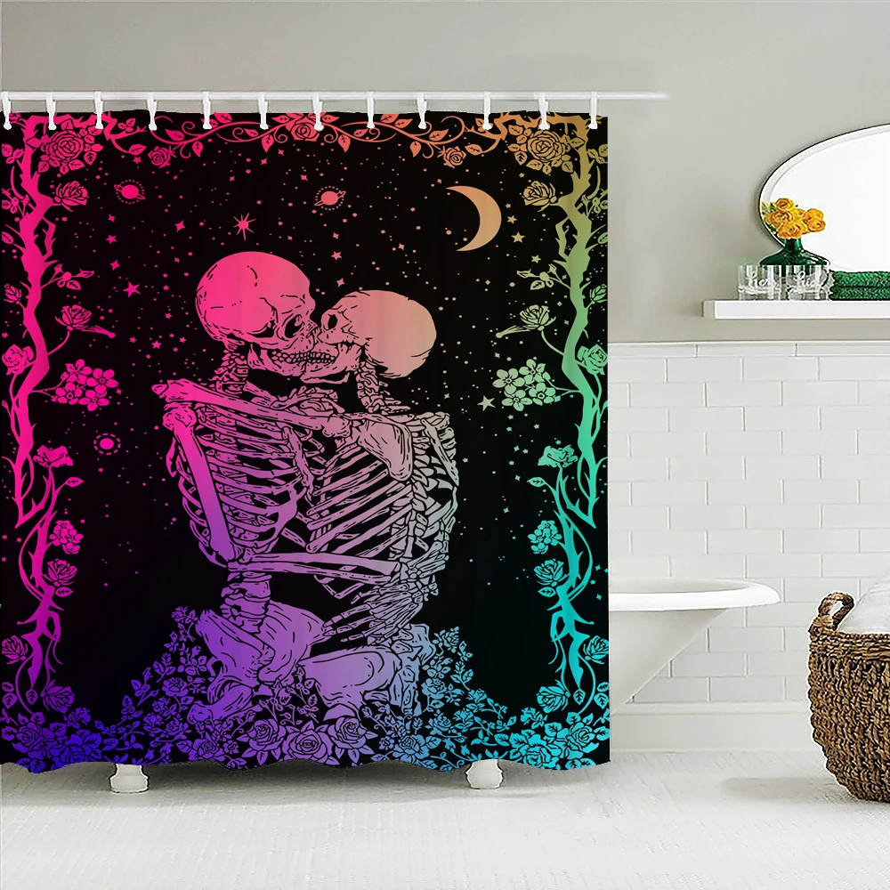 

Funny Skeleton Lovers Shower Curtain Decor Waterproof Fabric Bathroom Curtains Flower Skull Bath Screen for Home Wall Decor Bano