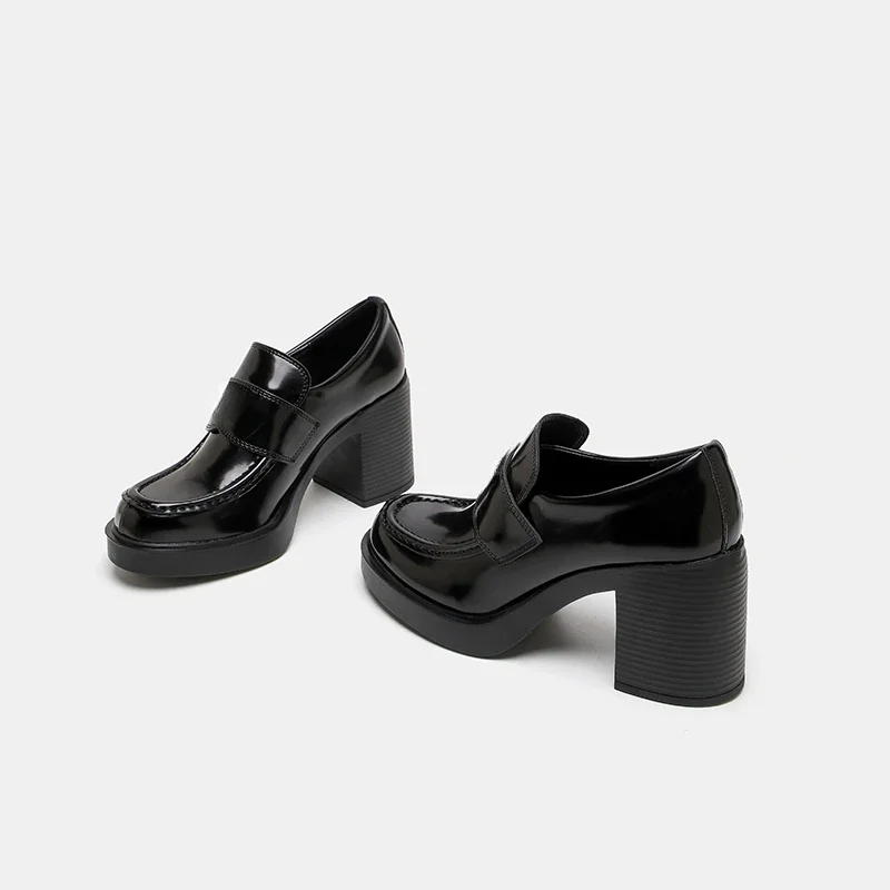 Women's One Pedal Loafer High Heel Lace-up Leather Shoes 2024 New Thick Bottom Metal Buckle British Style Chunky Heel