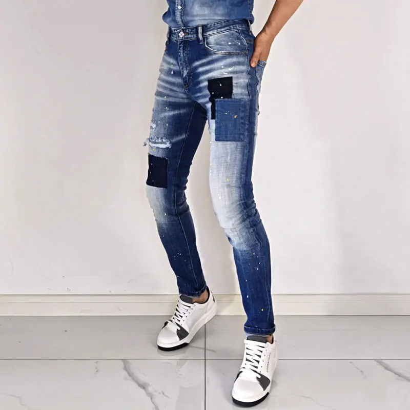 Street Fashion Men Jeans Retro Blue High Quality Elastic Skinny Fit Ripped Jeans Men Patched Designer Hip Hop Brand Pants Hombre
