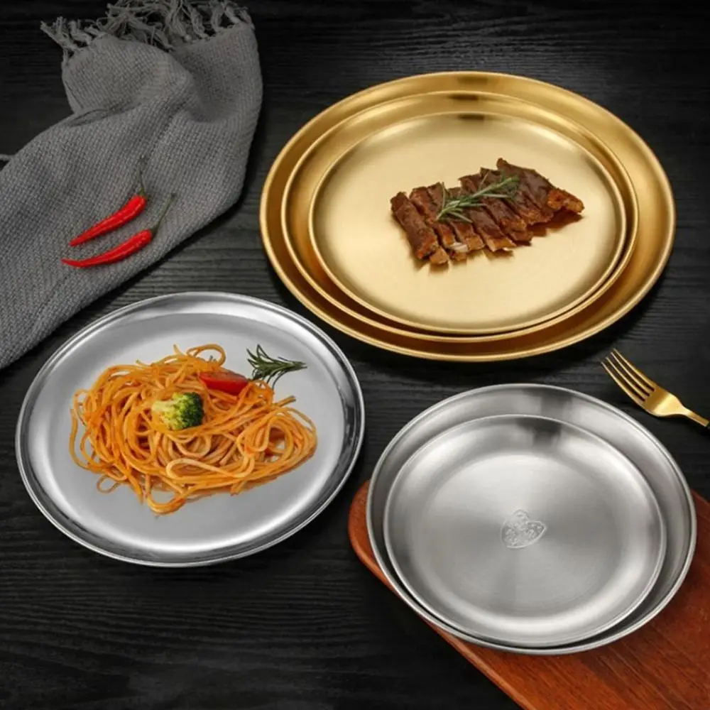 1Pcs Dining Disc Stainless Steel Plate Shallow Kitchen Accessories Tableware Dish Fruit Cake Snacks Pasta Steak 14/17/20/23/26CM