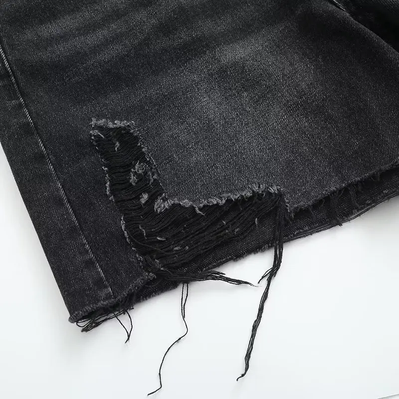 Withered American Retro Washed Hole Solid Color Denim Shorts High Street Summer Mom Shorts