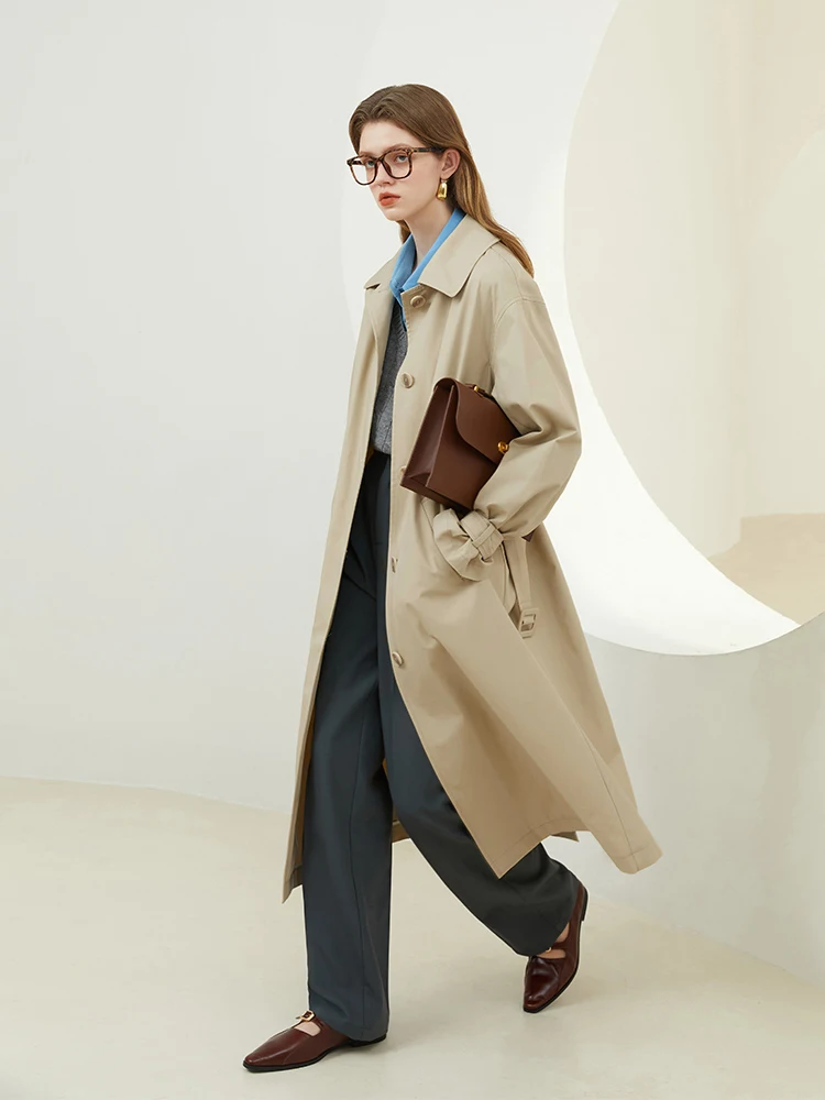 FSLE 100% Cotton Temperament Mid-length Windbreaker Female Spring Autumn New British Style Casual Khaki Trench Jacket for Women