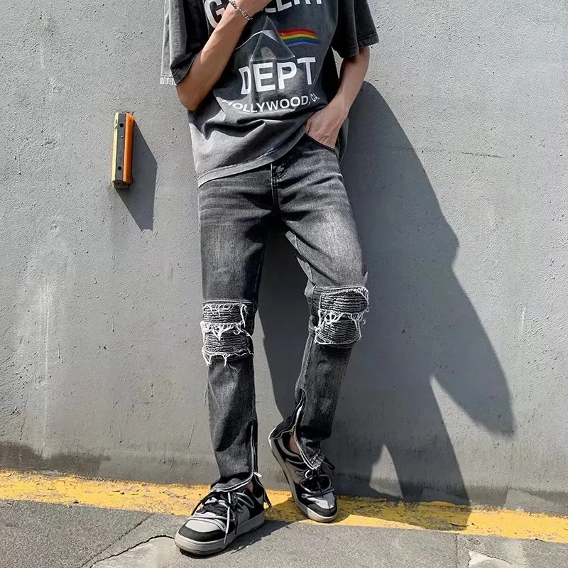 Y2K Fashion Stretch Slim Ripped Jeans Pants For Men Ankle Zipper Vintage Skinny Biker Denim Trousers men jeans ripped jeans ripped patchwork jeans
