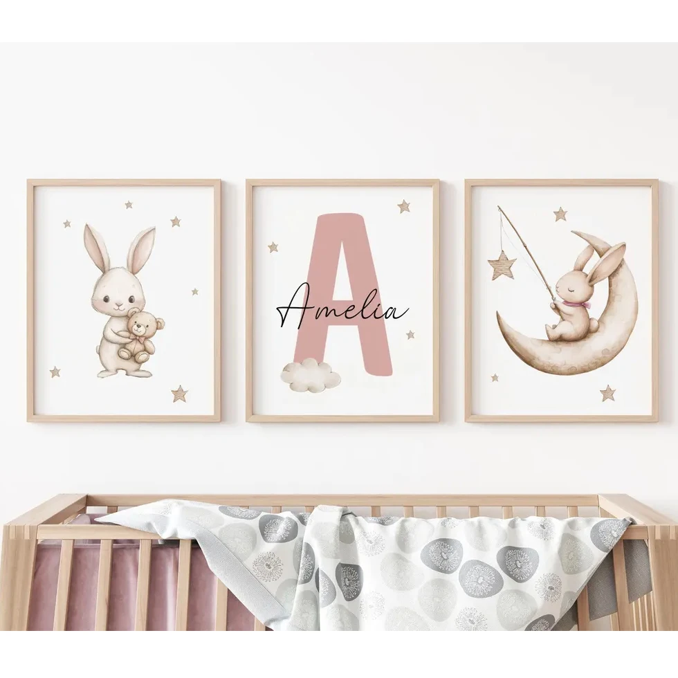 3 custom-named rabbit-themed children's room artworks ,watercolor rabbit decorative painting,personalized bedroom and home decor 2