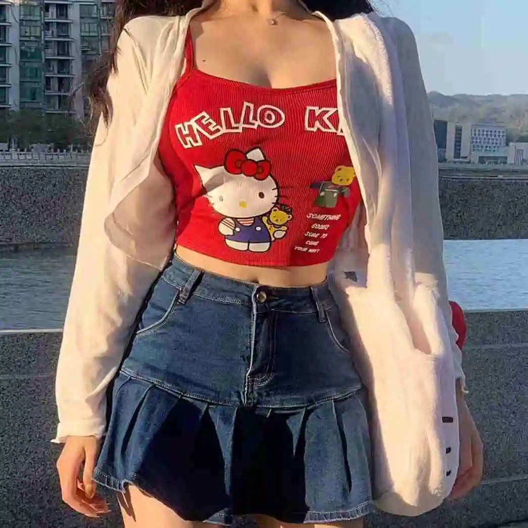 Sanrio Lovely Hello Kitty Print Corset Crop Suspender Sleeveless Sexy Vest Y2k Short Top New Summer Hot Girl Slim Camis Woman