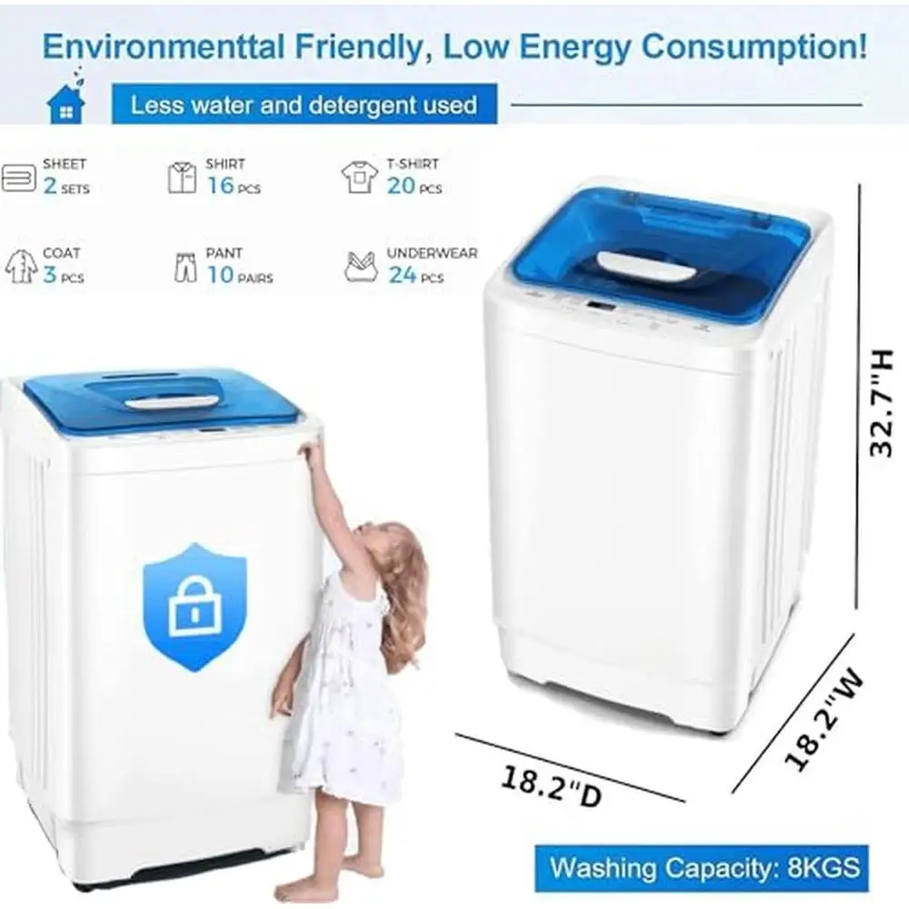 Portable Washing Machine 17.8 Lbs Capacity LED Display 8 Programs Double Inlet Child Lock 5