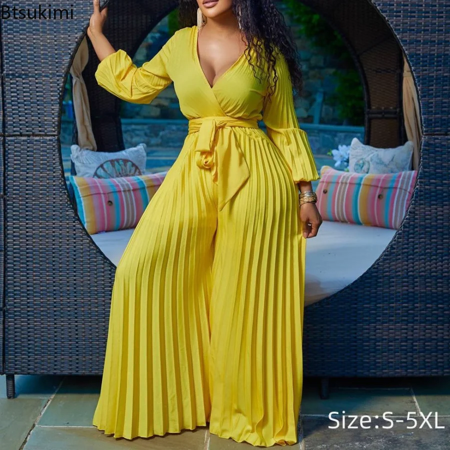 

2023 Women's Summer Jumpsuit Solid V Neck Pleated High Waisted Lady Club Party Evening Clothing Female Fashion Loose Overalls