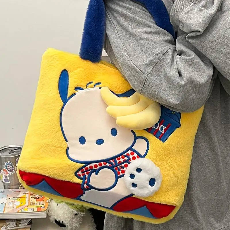 

Large Capacity Plush Cartoon Sanrios Handbag Cute Pochacco Banana Embroidered Shoulder Bag Student Classroom Handbag Small Gifts